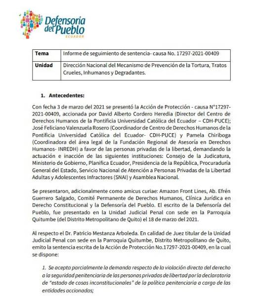 Informe de seguimiento de la Defensoría del Pueblo sobre la situación carcelaria durante el primer trimestre de 2025.