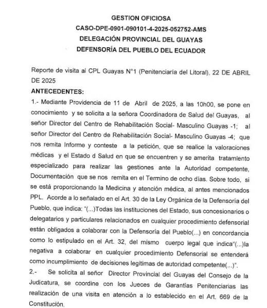 Informe de la Defensoría de Pueblo realizado tras una inspección a la Penitenciaría del Litoral, ordenada por un juez de Garantías Penitenciarias.