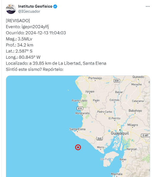 Imagen del sismo registrado en el mar frente a Santa Elena.
