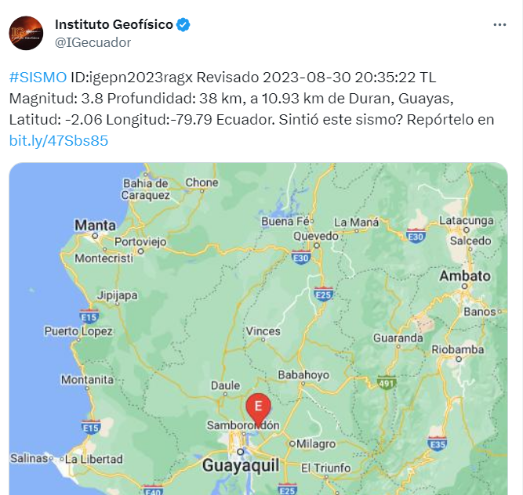 Un sismo sacude la provincia del Guayas la noche de este miércoles 30 de agosto