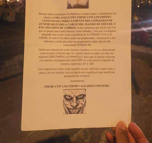 BABAHOYO. Los panfletos empezaron a circular desde la noche del martes 1 de junio en el capital fluminense. Foto: Redes