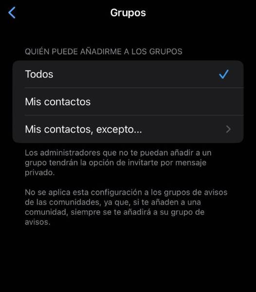 Captura de pantalla. Configuración grupos de WhatsApp.