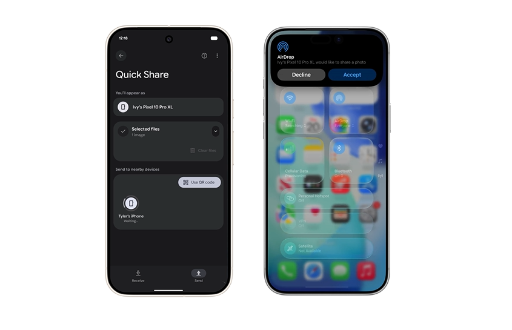 Captura de un celular Android enviando un archivo a un iPhone por medio de Quick Share y AirDrop.