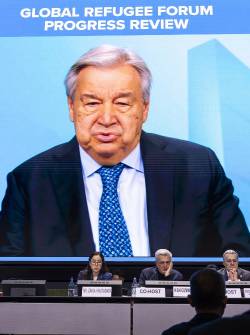 Video pregrabado del Secretario General de la ONU, Antonio Guterres, durante la apertura de la Revisión del Progreso del Foro Mundial sobre los Refugiados del ACNUR, en Ginebra, Suiza, el 15 de diciembre de 2025. (Suiza, Ginebra)