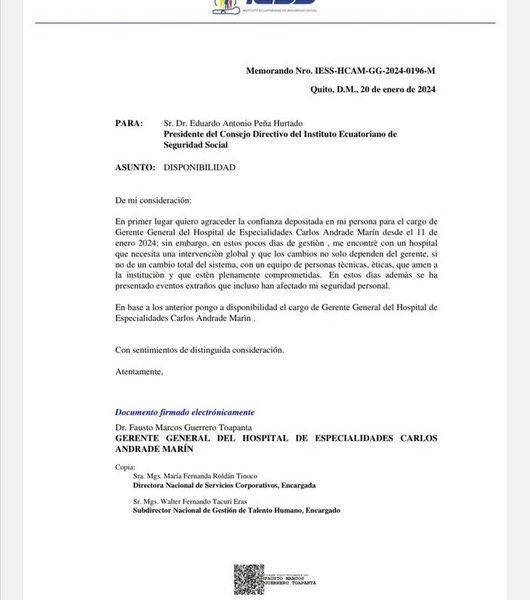 Fausto Guerrero, gerente del Hospital Carlos Andadre Marín, renuncia por motivos de seguridad