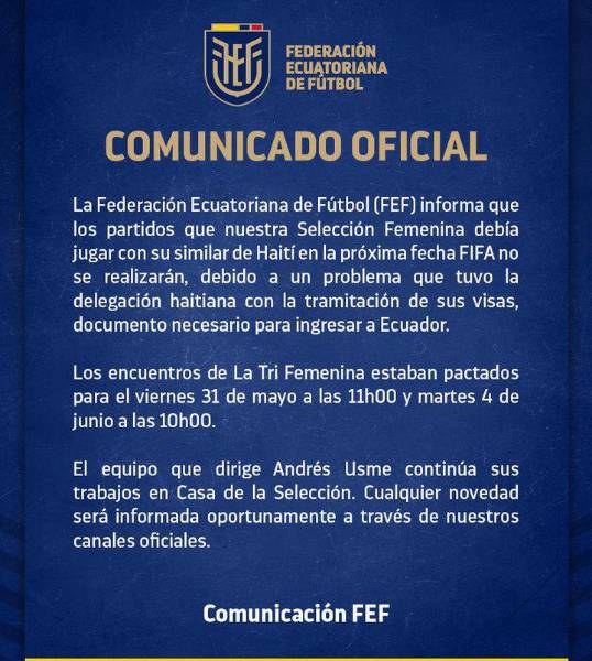 Se cancelan los dos partidos amistosos de la Selección Femenina de Ecuador ante Haití