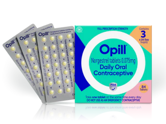 Paquete de píldoras anticonceptivas Opill, para tres meses.