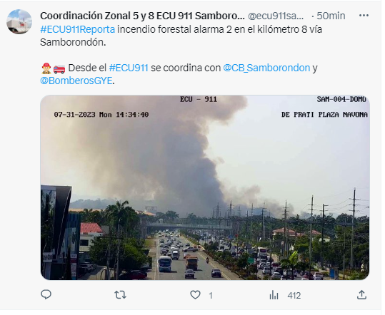 Un incendio forestal es reportado en el kilómetro 8 de vía Samborondón