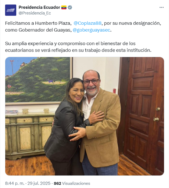 La Presidencia anunció la nueva designación la noche del 29 de julio.