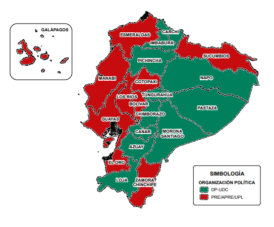 Resultados por provincia de la segunda vuelta de las elecciones presidenciales de 1998. El rojo representa a Álvaro Noboa (Partido Roldosista Ecuatoriano) y el verde a Jamil Mahuad (Democracia Popular).