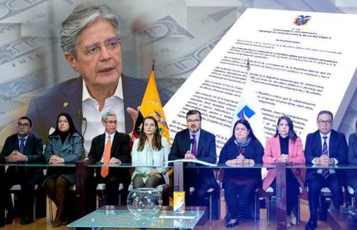 Composición con jueces de laCorte Constitucional y el presidente Guillermo Lasso de fondo.