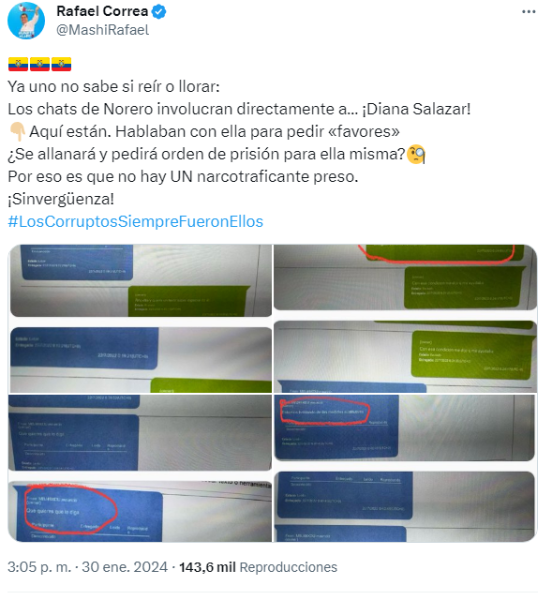 Publicación en donde Rafael Correa asevera que Diana Salazar está mencionada en los chats del caso Metástasis.