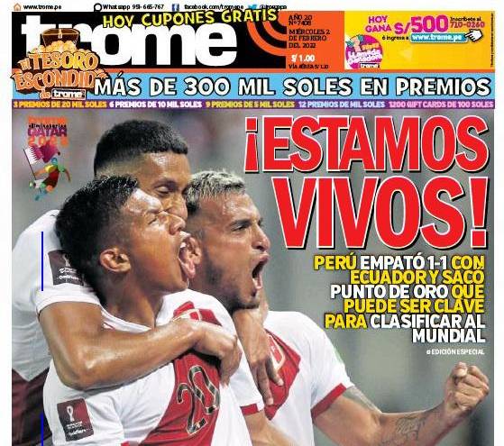 Periódicos peruanos celebran el empate ante Ecuador