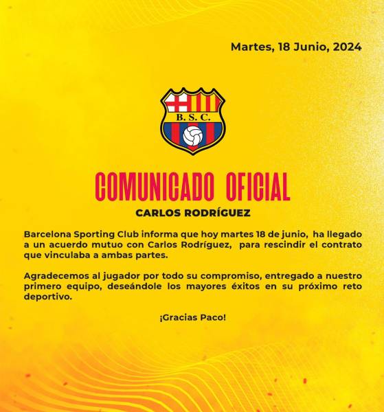 Barcelona SC anunció la salida de Carlos Rodríguez por mutuo acuerdo