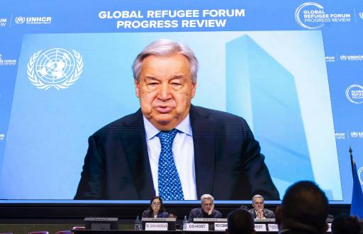 Video pregrabado del Secretario General de la ONU, Antonio Guterres, durante la apertura de la Revisión del Progreso del Foro Mundial sobre los Refugiados del ACNUR, en Ginebra, Suiza, el 15 de diciembre de 2025. (Suiza, Ginebra)