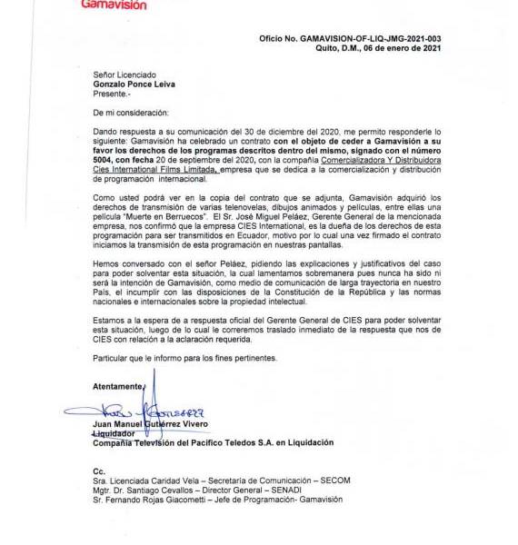 Carta en la que Gamavisión responde a Gonzalo Ponce Leiva.