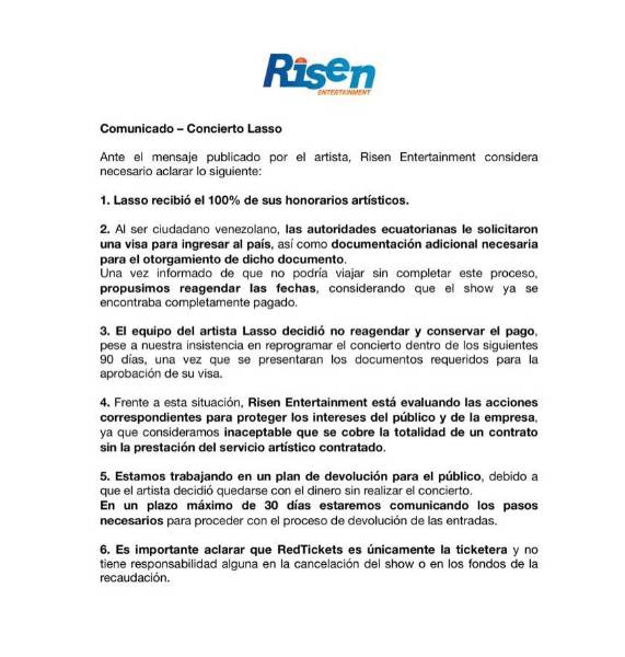 Comunicado de Risen Entertainment.