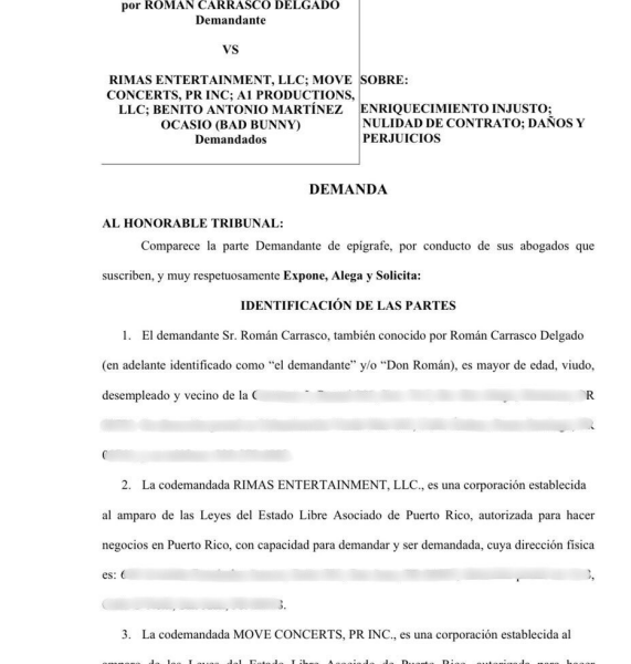 Primera pagina de la demanda contra Bad Bunny/Benito Martínez.