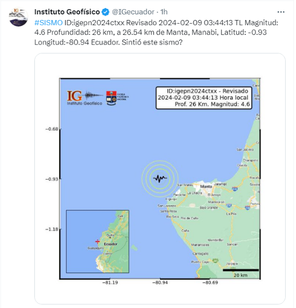 Captura de reporte de sismo en madrugada de este viernes 9 de febrero en Manabí.