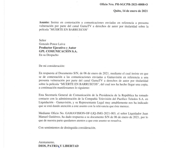 Carta en la que Caridad Vela se remite a la respuesta que ya había dado Gamavisión.