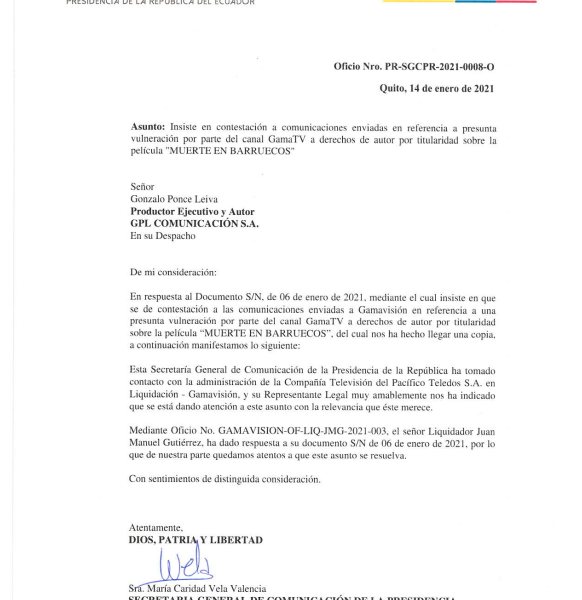 Carta en la que Caridad Vela se remite a la respuesta que ya había dado Gamavisión.