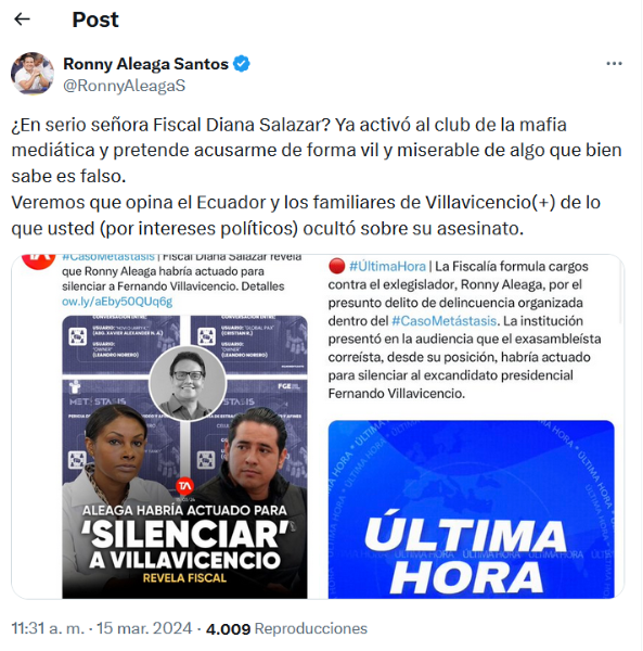 El exasambleísta, quien está fuera del país, señaló que la acusación es vil y miserable.