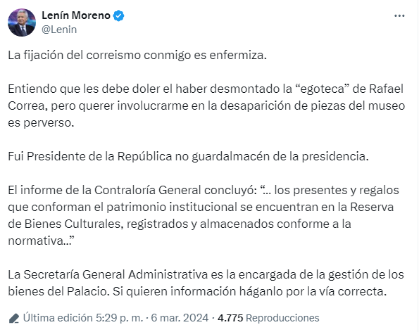Imagen de la publicación del expresidente Lenín Moreno sobre la fiscalización de la Comisión de Transparencia de la Asamblea Nacional de la pérdida de objetos del Museo de Carondelet.