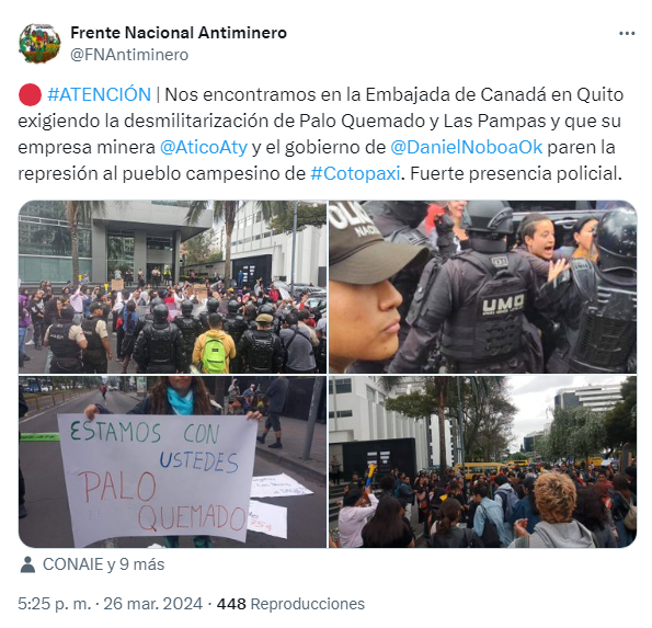 Captura de pantalla de una publicación del Frente Nacional Antiminero sobre su protesta frente a la Embajada de Canadá en Ecuador.