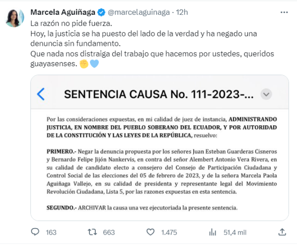 El TCE archiva denuncia de infracción electoral en contra de Marcela Aguiñaga y Alembert Vera