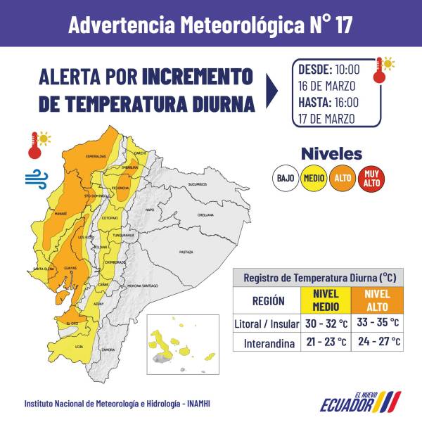 Mapa de incremento de temperatura diurna en las provincias de la Costa y Sierra en el fin de semana del 16 y 17 de marzo.