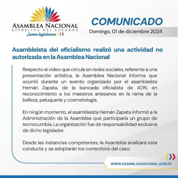 Comunicado sobre presentación artística en uno de los salones.