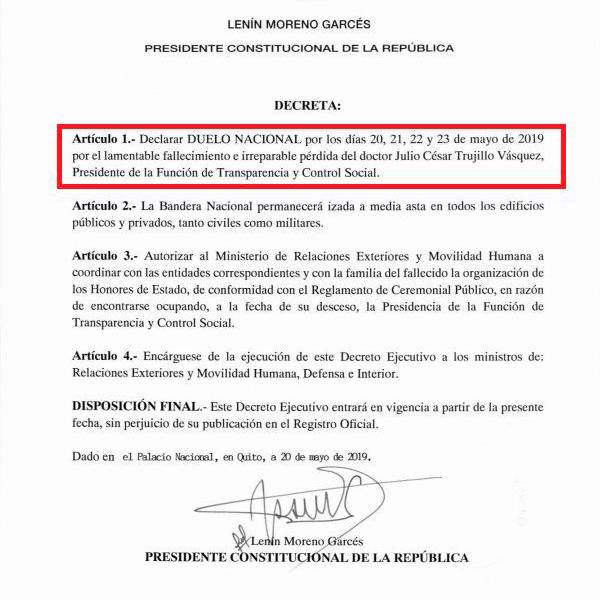 4 días de duelo en Ecuador por muerte de Trujillo