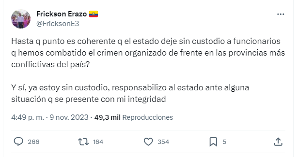 Frickson Erazo reclamó que le quitaran resguardo policial tras renunciar a la Gobernación de Esmeraldas