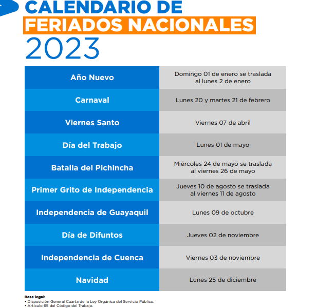 Calendario de Feriados de 2023 del Ministerio de Turismo.