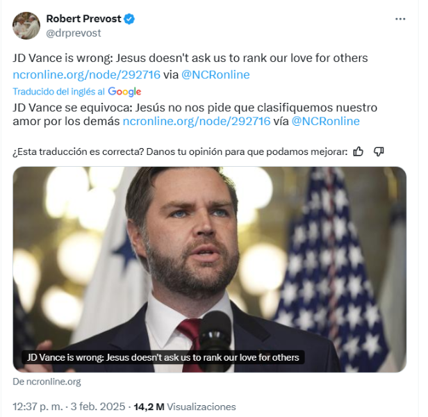 Imagen de un tuit del cardenal Robert Prevost sobre JD Vance.