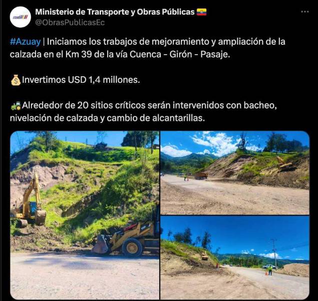 Trabajos de mejoramiento y ampliación de la calzada en el Km 39 de la vía Cuenca - Girón - Pasaje.