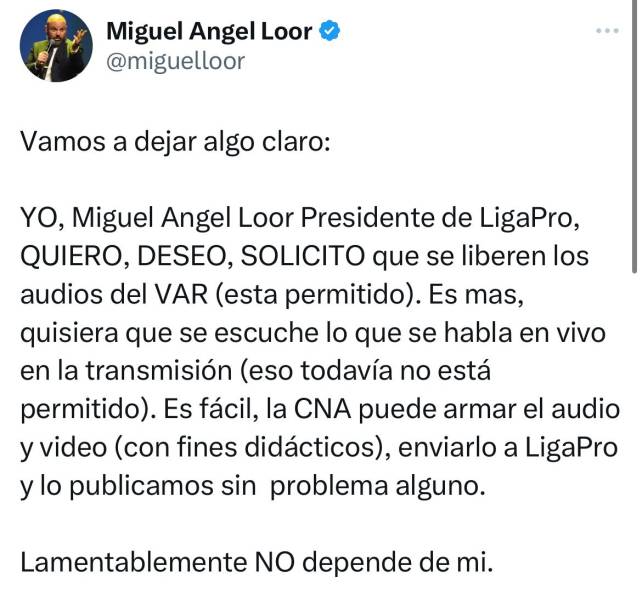 Miguel Ángel Loor solicitó la liberación de los audios del VAR en Liga Pro