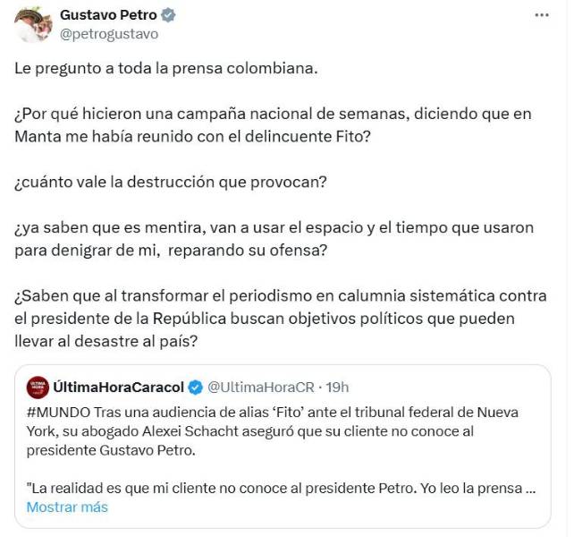 Posteo de Gustavo Petro, presidente de Colombia