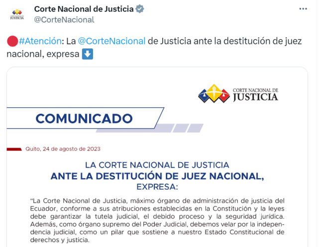 La Corte Nacional expresa preocupación por la destitución del juez Walter Macías, que llevaba un caso contra vocales del Consejo de la Judicatura
