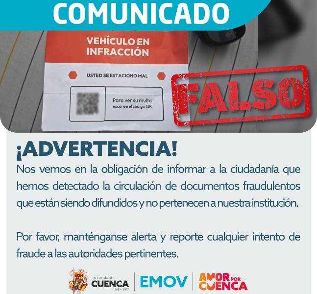 La Empresa de Movilidad de Cuenca alerta sobre una nueva modalidad de estafa a conductores