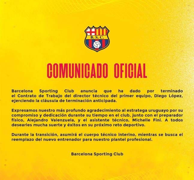 Barcelona SC finiquitó el contrato con el entrenador Diego López