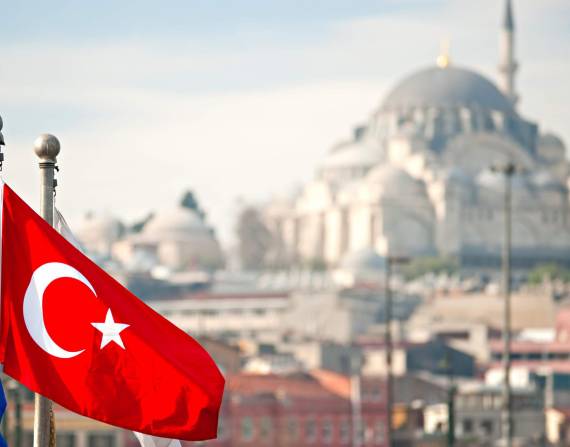 Bandera de Turquía con fondo de paisaje.