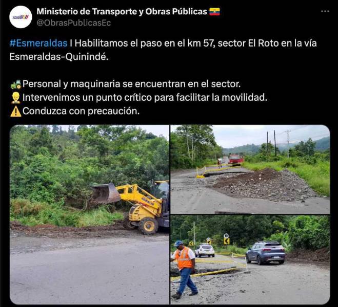 Habilitan el paso en el km 57, sector El Roto en la vía Esmeraldas-Quinindé