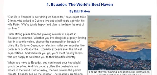 Ecuador es elegido por quinta vez como mejor destino para jubilados extranjeros