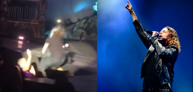 (VIDEO) Vocalista de Maná sufre estrepitosa caída en pleno concierto