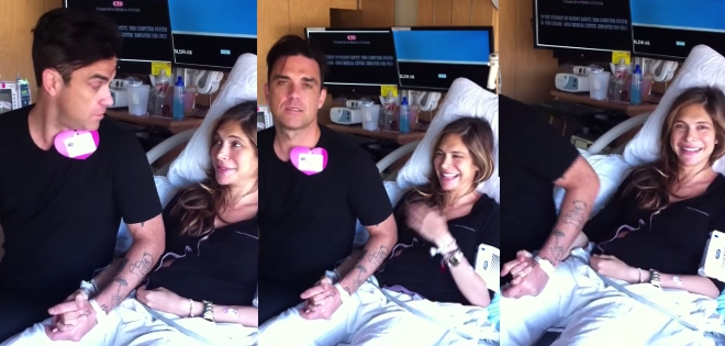 (VIDEO) Esposa de Robbie Williams le ruega que deje de cantar durante su parto