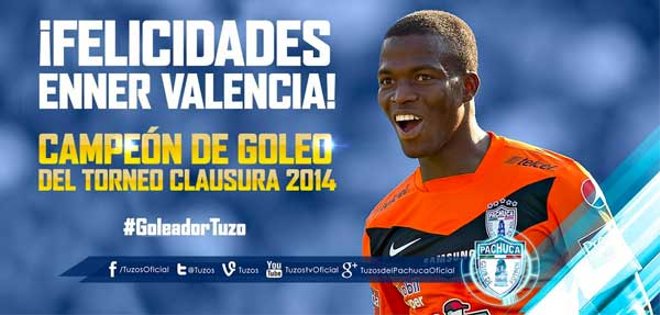 Pachuca felicita a Enner Valencia por quedar goleador del torneo mexicano