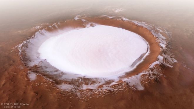 Las fascinantes imágenes que revelan un cráter de hielo en Marte