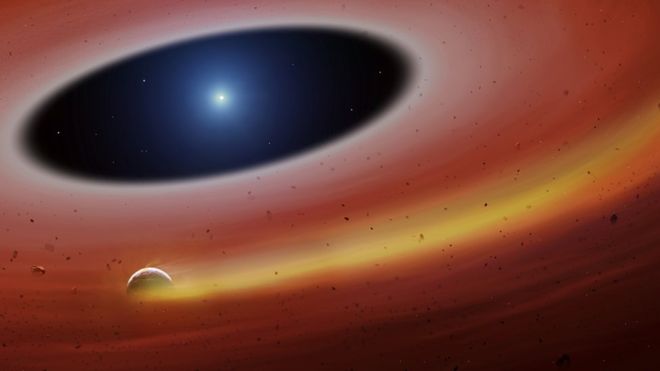 Representación artística de un fragmento planetario orbitando a la estrella SDSS J122859.93+104032.9.