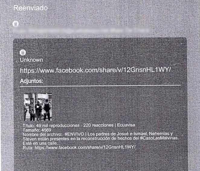 Alias Momo tenía un chat donde le enviaron la transmisión que realizó Ecuavisa.com de la reconstrucción de hechos del caso Las Malvinas.